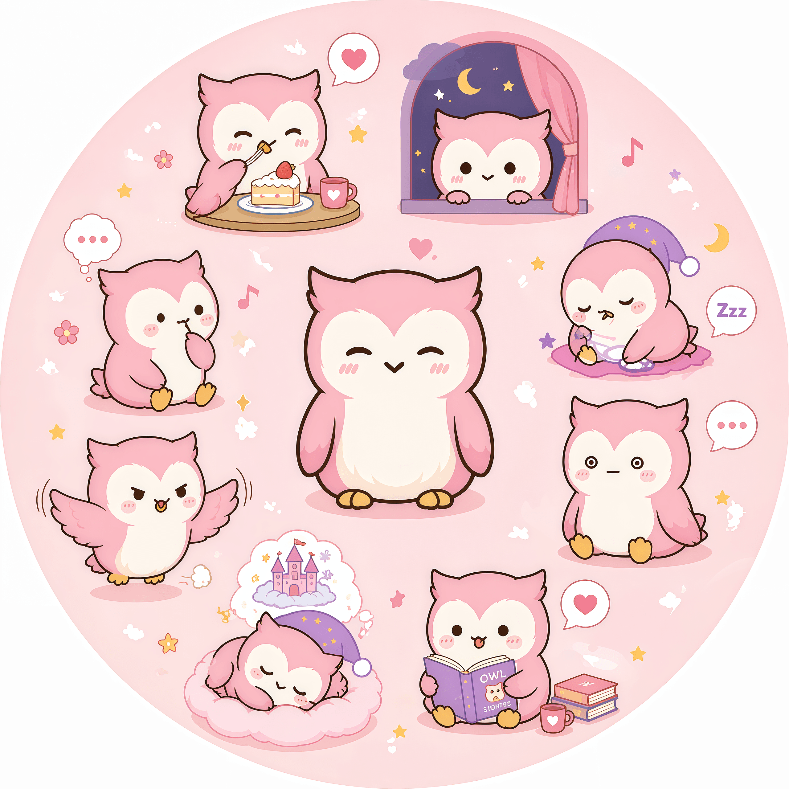 Milo owl virtual pet mood status artwork showing emotional companion states